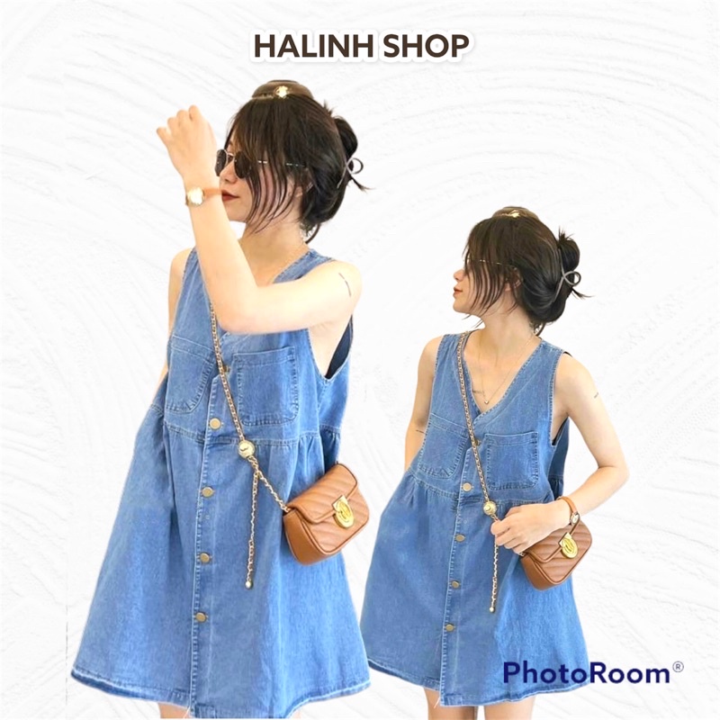 Váy Đầm Nữ Denim - Halinh Shop - Váy Bò Denim Xanh Túi Ngực Cúc Bấm Sát Nách Size M L