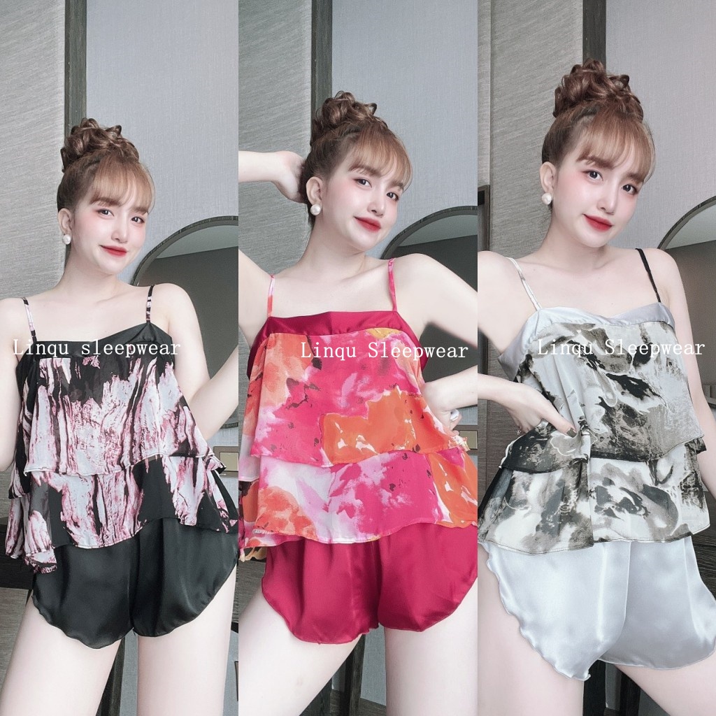 Đồ ngủ sexy 2 dây gợi cảm, đồ ngủ nữ chất chiffon phối satin mềm mát mặc ngủ thoải mái Freesize - Linqustore