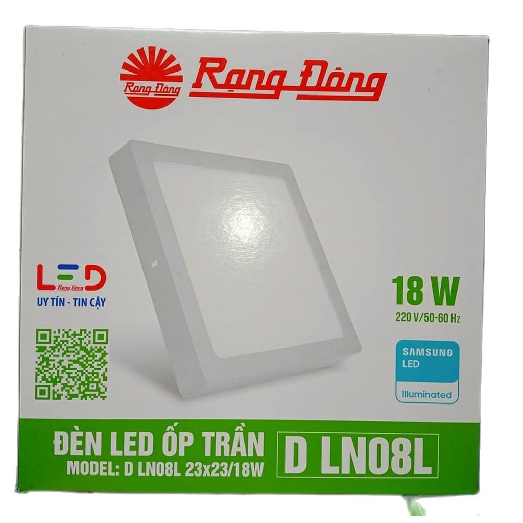 Đèn LED ốp trần vuông LN08 23x23/18W trắng, vàng Rạng Đông