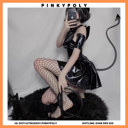 ĐỐ COSPLAY SEXY NAUGHTY GIRL CÓ TẤT LƯỚI ĐI KÈM - SET COSPLAY ĐUÔI CÁO DA BÓNG  PinkyPoly CP01