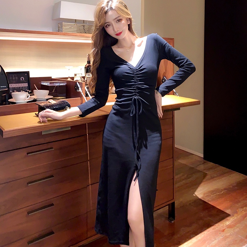 DUNEA Đầm Tay Dài Cổ Chữ V Xẻ Sâu Gợi Cảm Thời Trang Cho Nữ