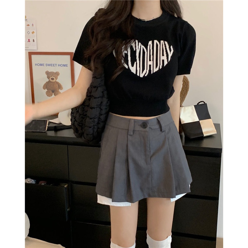 Áo Thun Dệt Kim Màu Xanh Đen Trắng Tay Ngắn Dáng Ôm Croptop Chữ Phong Cách Hàn Quốc Loại 1