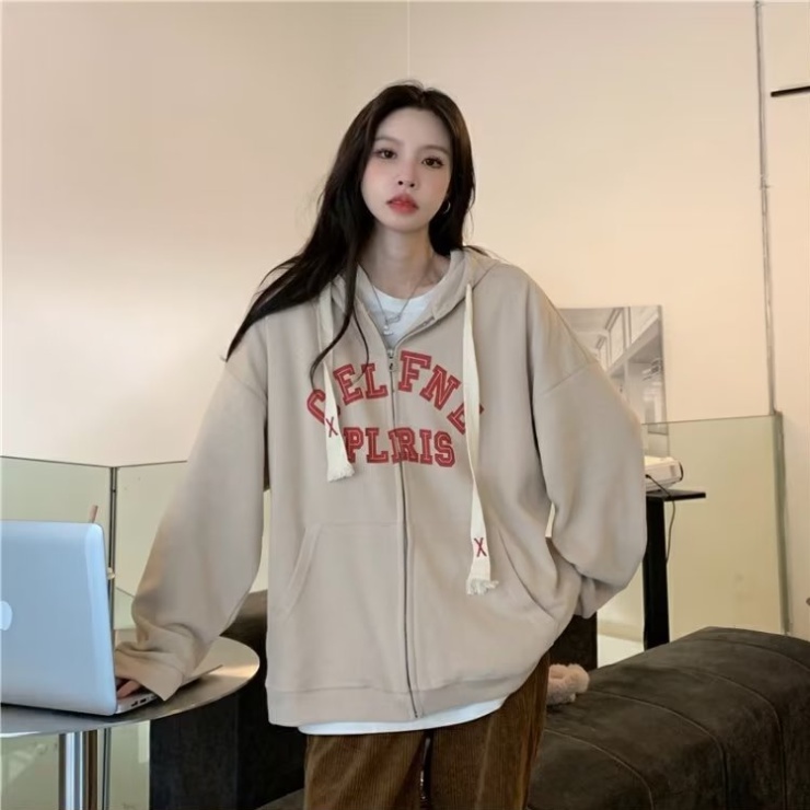 Áo Khoác hoodie Tay Dài Có Khóa Kéo In Chữ Phong Cách Hàn Quốc Thời Trang Cho Nam Và Nữ
