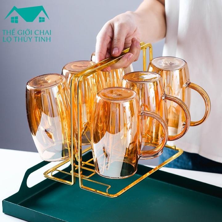 Bộ bình thủy tinh 💦 Hổ Phách 💦 6 cốc 1 bình giá treo khay mạ vàng đựng nước nước ép detox -