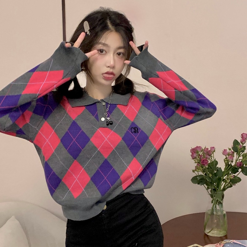 Áo len ZHELIHANGFEI dệt kim tay dài dáng rộng cổ polo họa tiết hình thoi dễ thương cho nữ