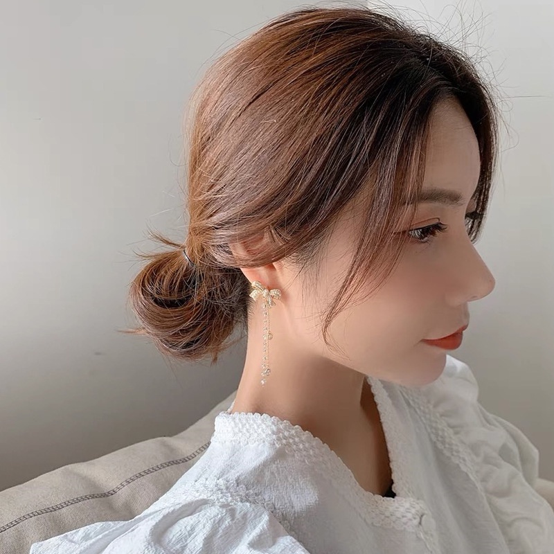 Bông tai mạ bạc 925 hình nơ đính ngọc trai nhân tạo phong cách Hàn Quốc