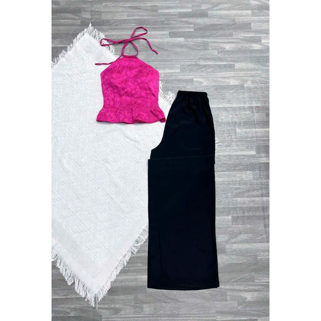 Set đồ thời trang nữ áo gấm hoa cổ yếmchun hở lưng phối quần dài ống suông siêu xinh, mặc đi chơi cực kì sang chảnh xịn