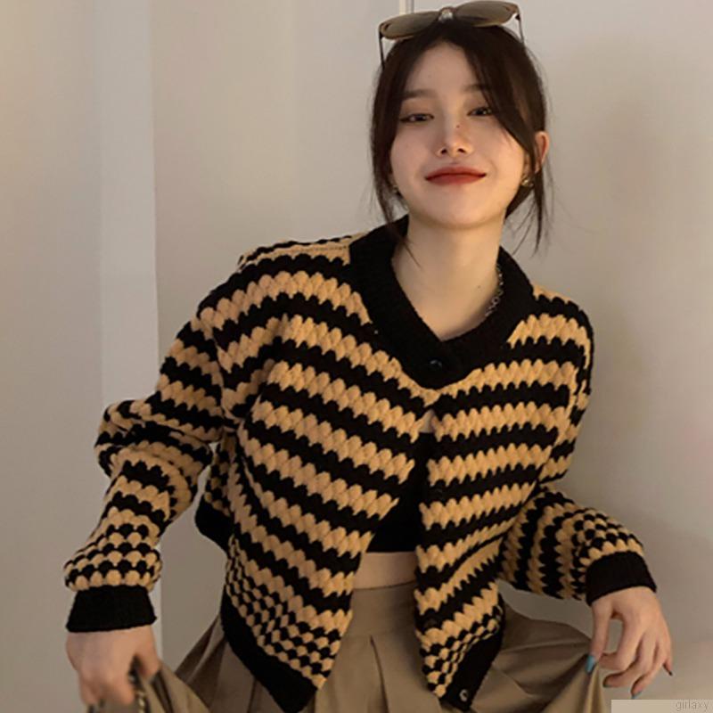 Áo khoác cardigan dệt kim cổ tròn dáng rộng họa tiết kẻ sọc phong cách Hàn Quốc cho nữ
