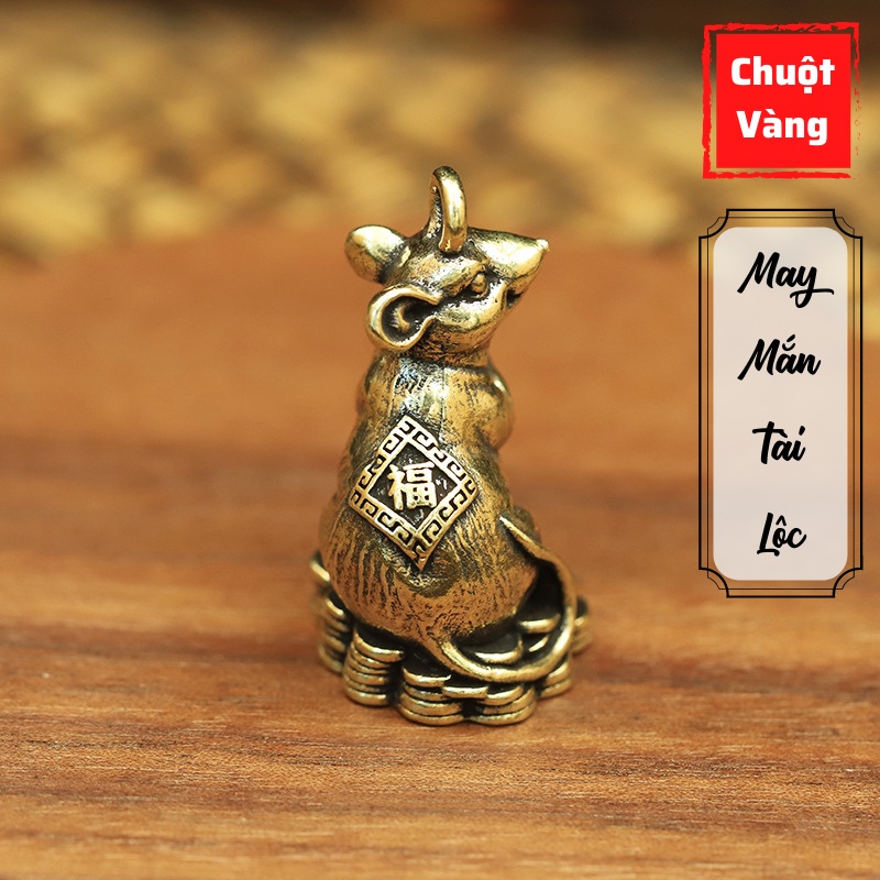 Tượng Đồng Phong Thủy May Mắn Tài Lộc Hình Con Chuột Thỏi Vàng Lưng Khắc Chữ Phúc Bằng Đồng