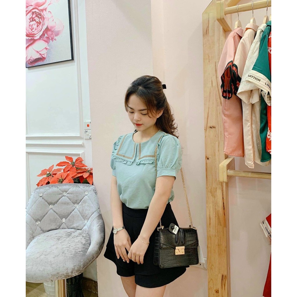 Áo kiểu babydoll viền bèo tay cộc(video+ảnh thật ) | BigBuy360 - bigbuy360.vn
