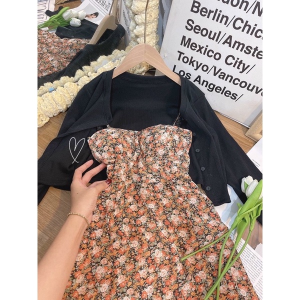 SET ĐẦM HOA CAM 2D + ÁO KHOÁC CROPTOP