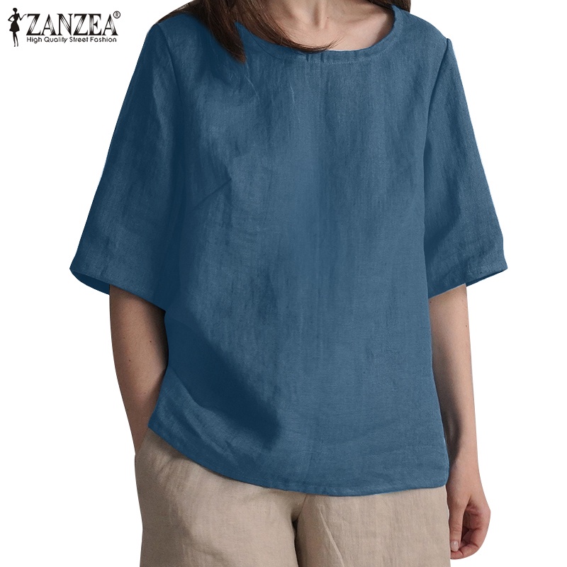 Zanzea Áo Thun Nữ Tay Lửng Cổ Tròn Màu Trơn Thời Trang