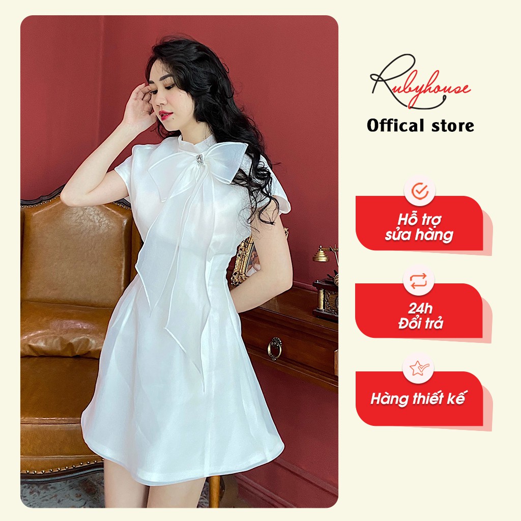 Váy Nữ Tơ Dáng Xòe Xinh Xắn RUBY HOUSE - Váy Chất Organza Cổ Nơ Trắng Đính Cườm, Tay Chờm Che Bắp Tay 2968-1