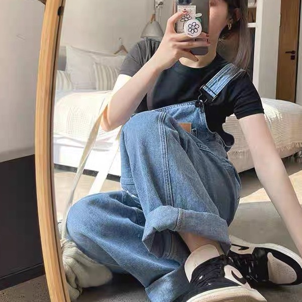 Quần yếm jeans nữ KABICO ống rộng, quần yếm xanh jean dài dáng rộng phong cách Hàn Quốc Y3