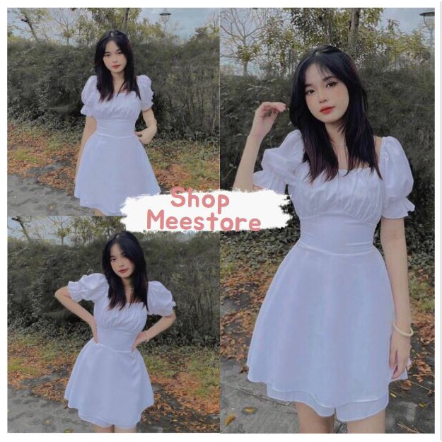 Váy BaByDoll Tay Ngắn Nữ MEESTORE - Dáng Xòe Ôm Eo Màu Trắng Vintage Dễ Thương