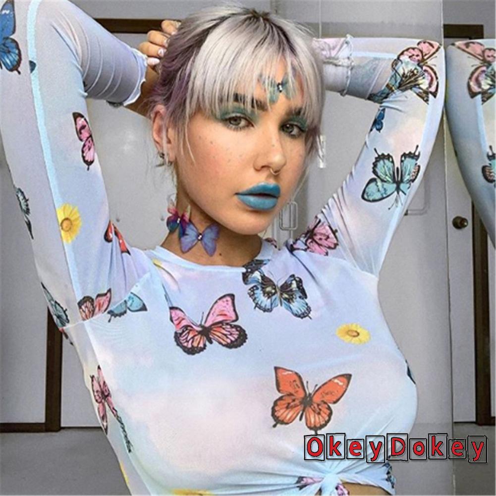 Áo Thun Tay Dài In Hình Bướm Nhiều Màu Thời Trang Cho Nữ