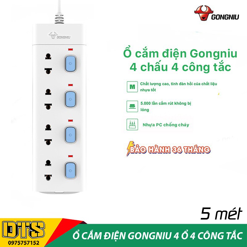 Ổ cắm điện an toàn cao cấp GONGNIU, ổ cắm điện đa năng 4 ổ 4 công tắc có dây 5m, bảo hành chính hãng 3 năm 1 đổi 1