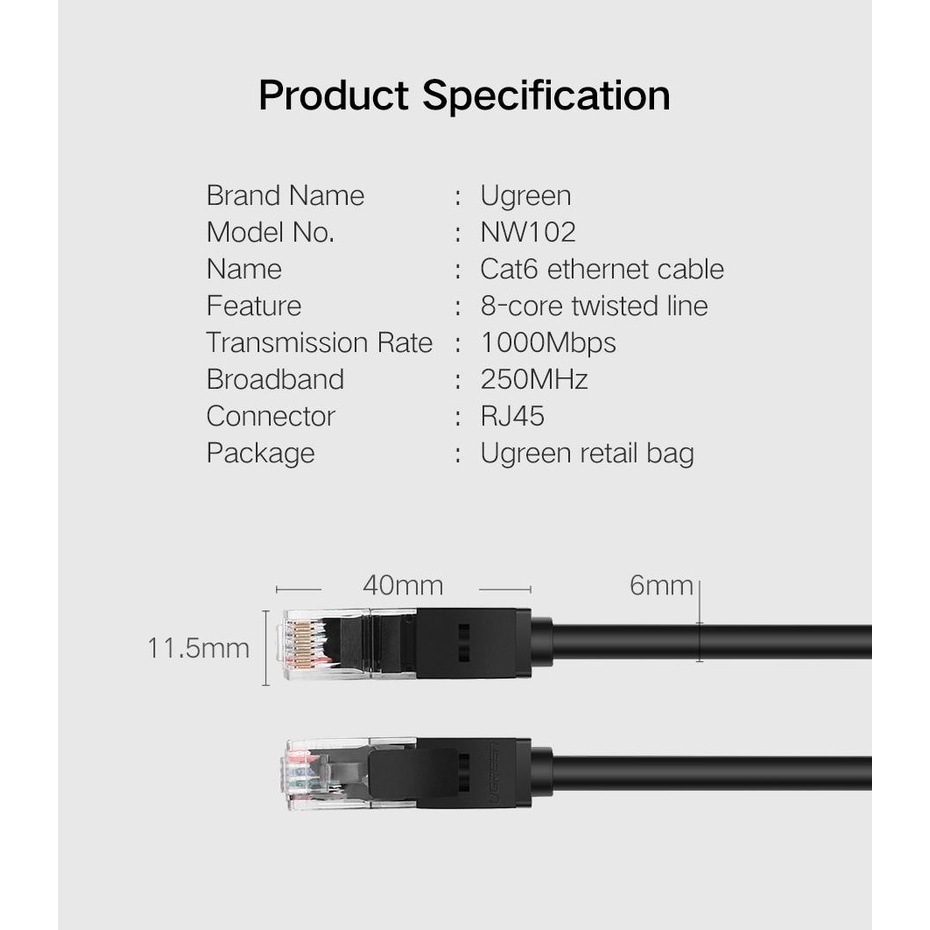 Cáp mạng đúc sẵn CAT6 UTP 26AWG tròn dài 5m Ugreen 20162 - Hàng chính hãng