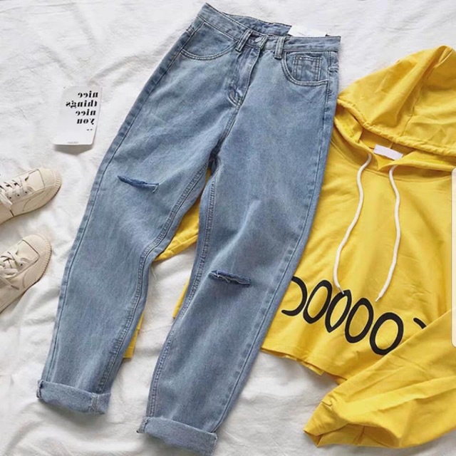 Quần jeans nữ Bingshop - quần baggy bò Unisex rách gối vải dày đẹp đủ size freeship