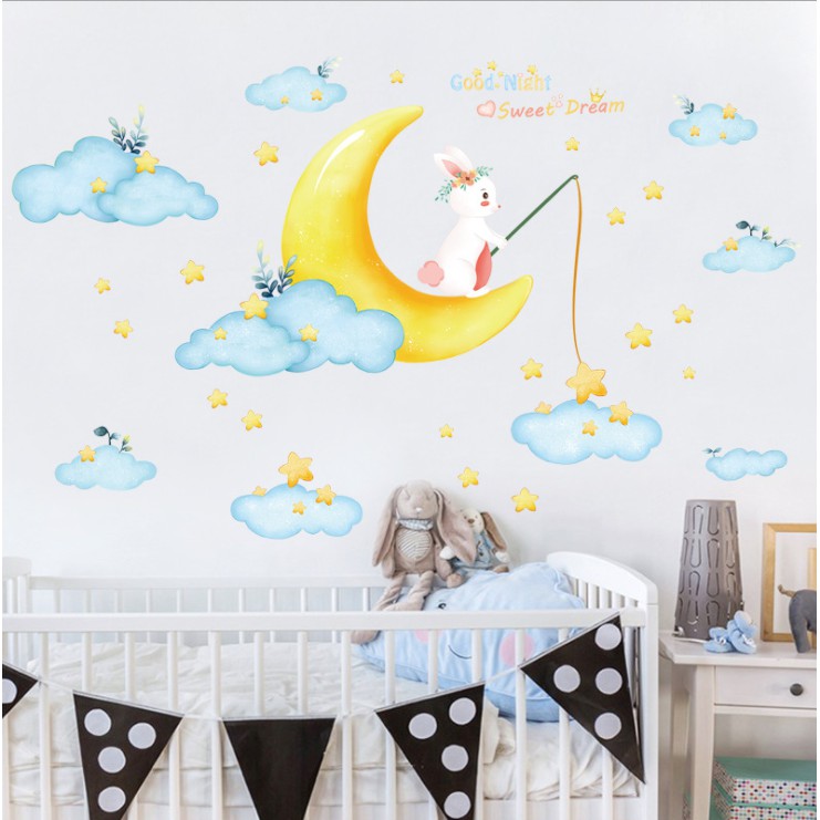 Decal trang trí tường - Mây Xanh và thỏ trắng câu sao Vàng Sweet Dream