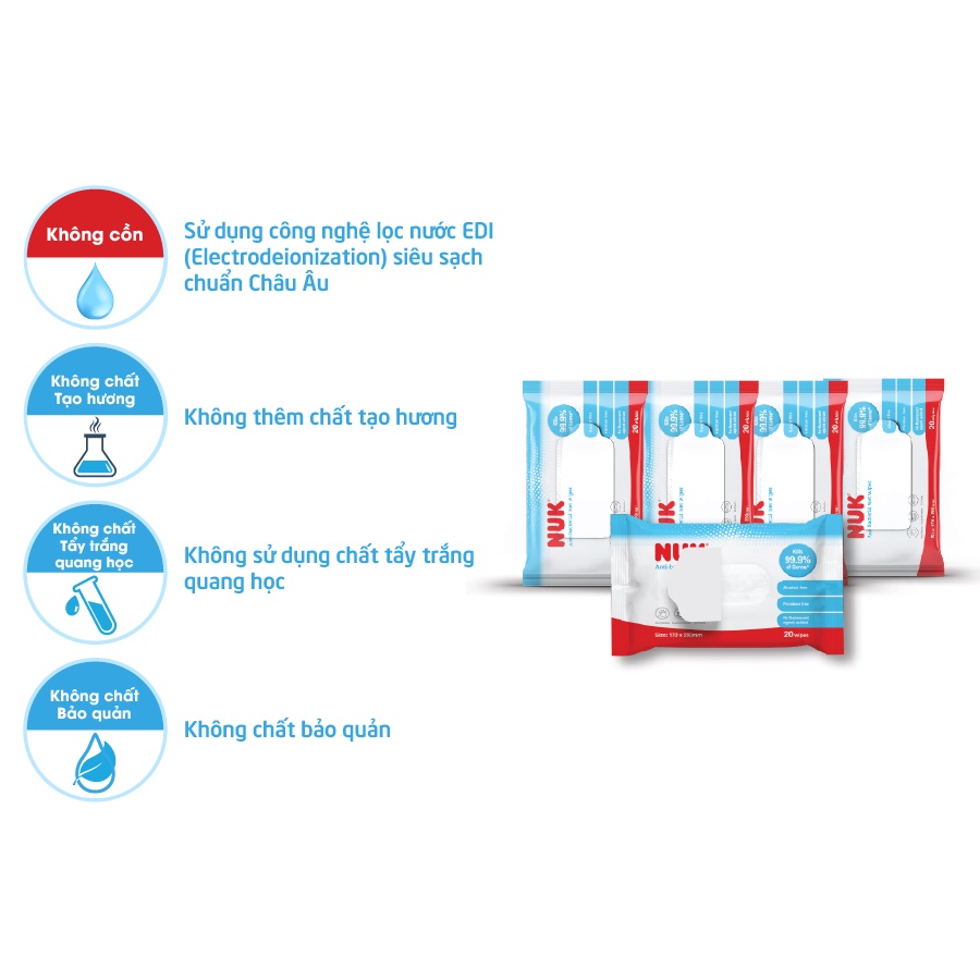 Khăn ướt diệt khuẩn NUK không chứa cồn (80TỜ X 3GÓI)