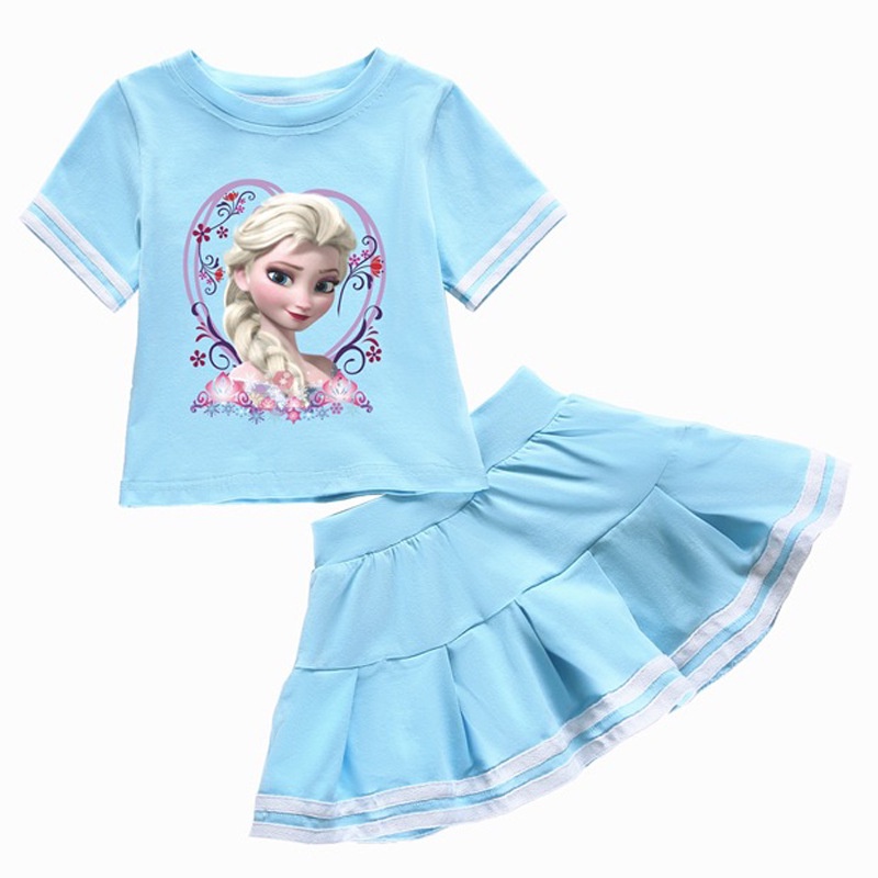 Set 2 Món Áo Thun Tay Ngắn In Hoạt Hình Frozen Và Chân Váy Xếp Ly Kiểu Preppy Cho Bé Gái