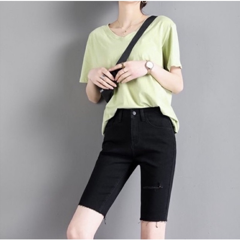 [Bigsize 32-36] Quần Jean Ngố Rách 1Đùi, Lưng Cao Qua Rốn, Co Giãn Thoải Mái