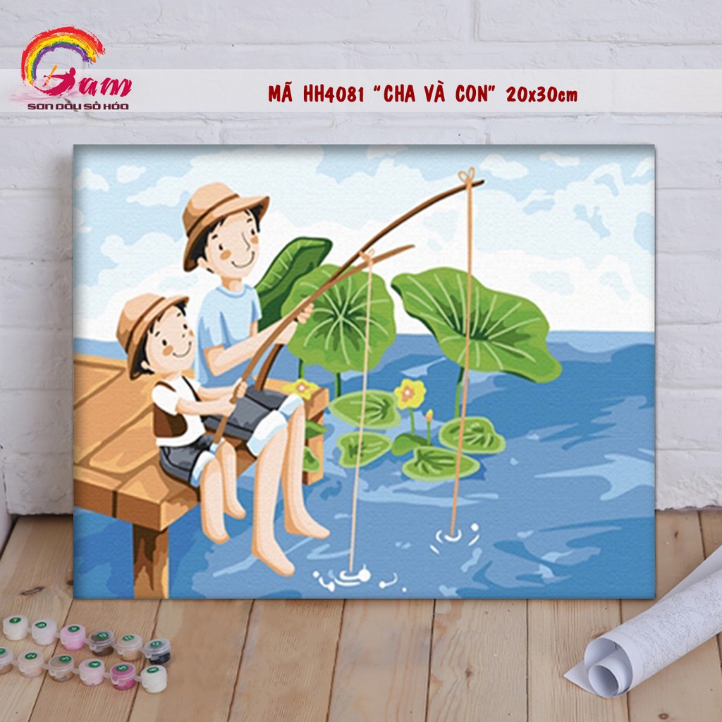 Tranh tự tô màu sơn dầu số hóa DIY size nhỏ cho trẻ em - Mã HH4081 Cha con ngồi câu cá