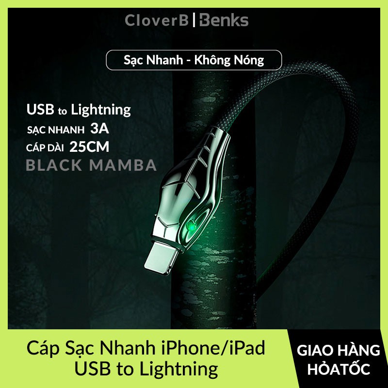 Cáp Sạc Lightning Benks Hình Rắn Mamba Siêu Bền Dài 25 Cm Sạc Nhanh 3A Không Nóng Dùng Cho iPhone X, Xs Max, 11, 11 Pro