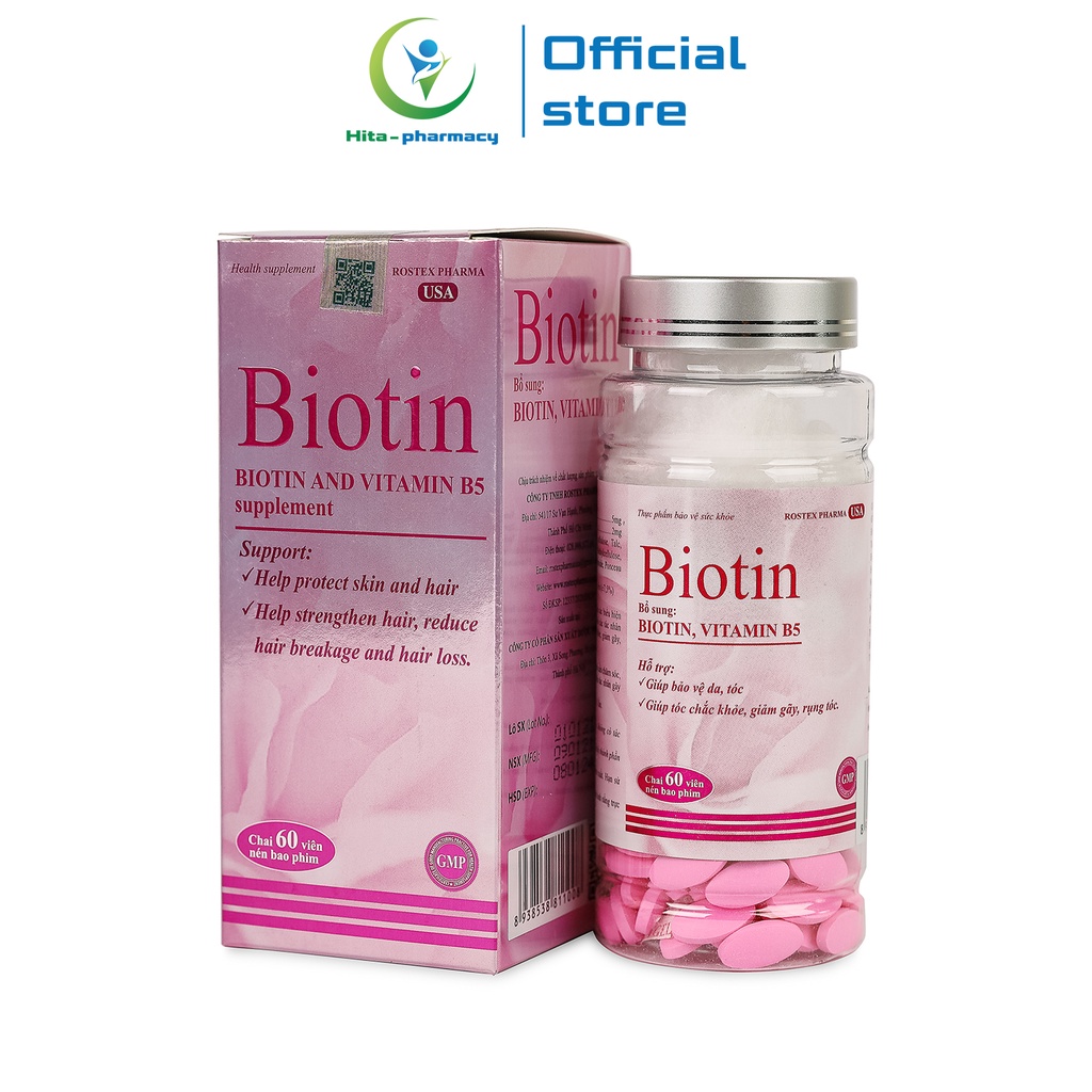 Biotin ROXTECH bổ sung Vitamin B5 giúp tóc chắc khỏe, giảm gãy rụng tóc 60 viên [Biotin Chai Hồng 60v]