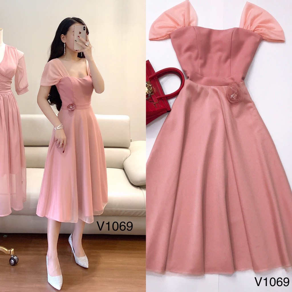 [ xả kho ] MiD Đầm hồng tay voan trễ vai V1069 Mie Design ảnh thật