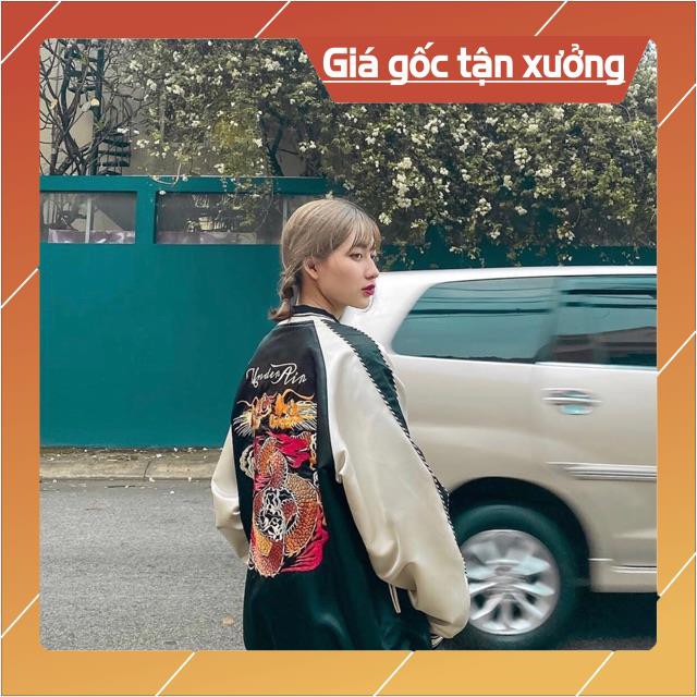 Ảnh thật áo bomber thêu rồng xanh sẵn size M L