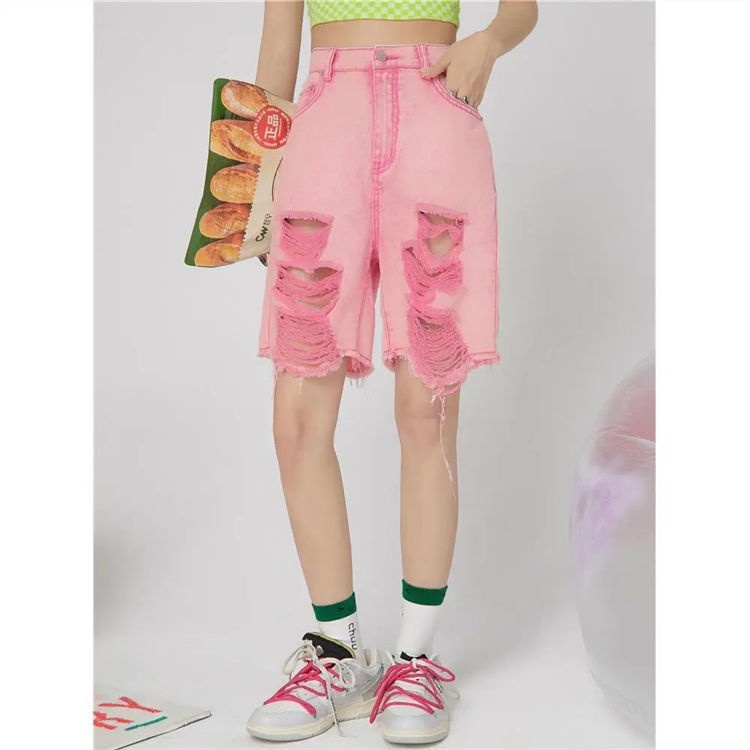 Jiashucheng Quần Short Denim Cạp Cao Dáng Rộng Rách Cỡ Lớn Thời Trang Mùa Hè Cho Nữ