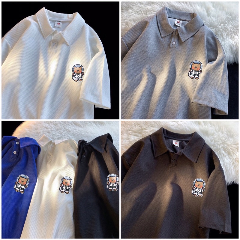 Áo polo nam nữ ngắn tay in gấu có cổ chất liệu cotton mát mịn