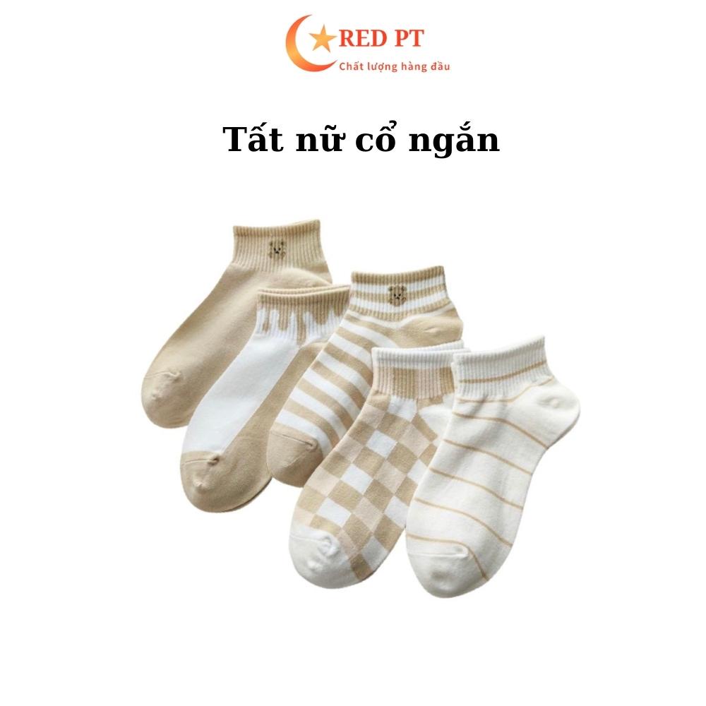 Tất nữ cổ ngắn cute vớ caro họa tiết xinh cotton dày dặn RED PT