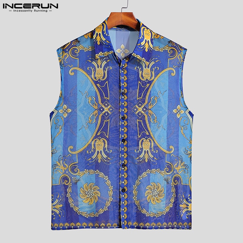 Áo sát nách INCERUN có nút cài in họa tiết hoa phong cách dân tộc retro thời trang cho nam