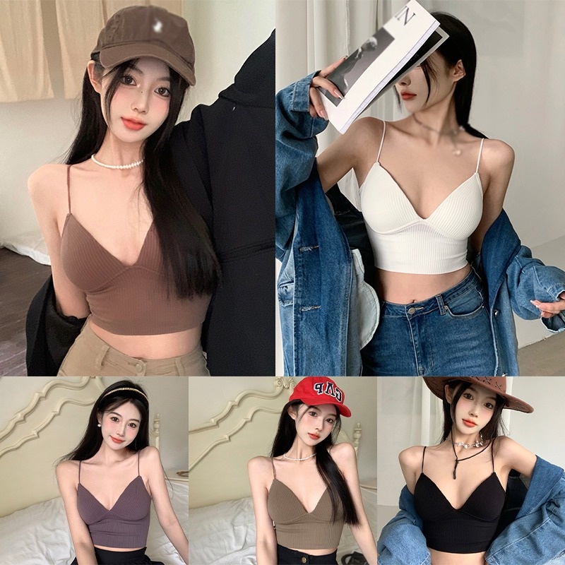 Áo Croptop Sát Nách Cổ Chữ V Màu Sắc Đơn Giản Thiết Kế Ôm Sát Tôn Dáng