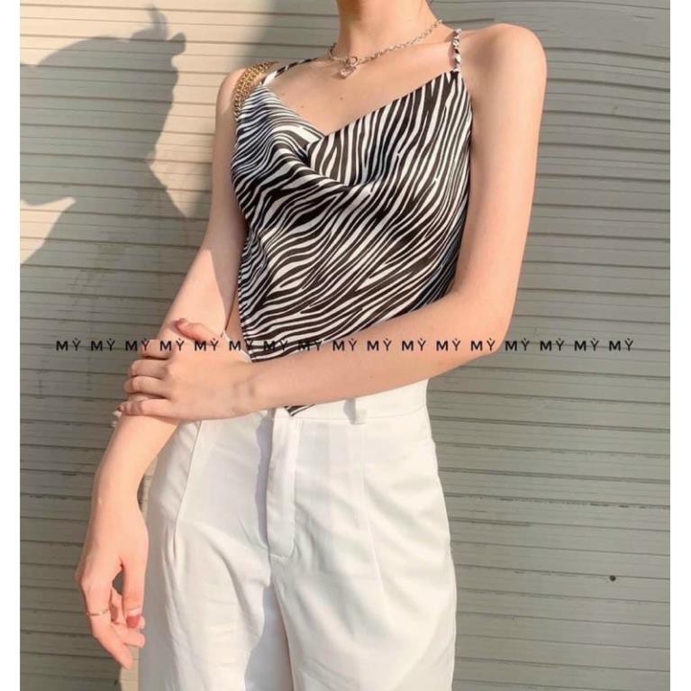 Áo Kiểu Nữ Cổ Đổ 2 Dây Dạng Khăn Thắt Nơ Lưng Họa Tiết Ngựa Vằn Có Mút Ngực DRA2D06