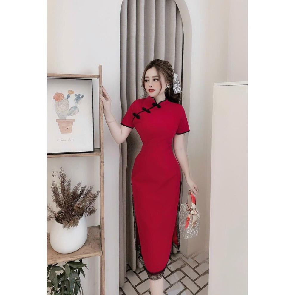 Váy Ôm Body Midi Xẻ Tà, Sườn Xám Cổ Tàu Tay Ngắn Phối Chân Ren Nổi Bật Lạ Mắt Thời Trang Cho Ngày Tết. | BigBuy360 - bigbuy360.vn