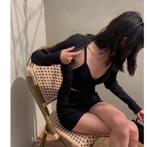 Cocory vn Áo cardigan tay dài/ Áo yếm hai dây/ Quần đùi lưng cao phong cách vintage quyến rũ thời trang dành cho nữ