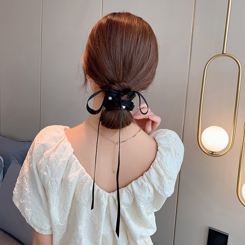 Dây buộc tóc co giãn thắt nơ đính ngọc trai phong cách Hàn Quốc cho nữ