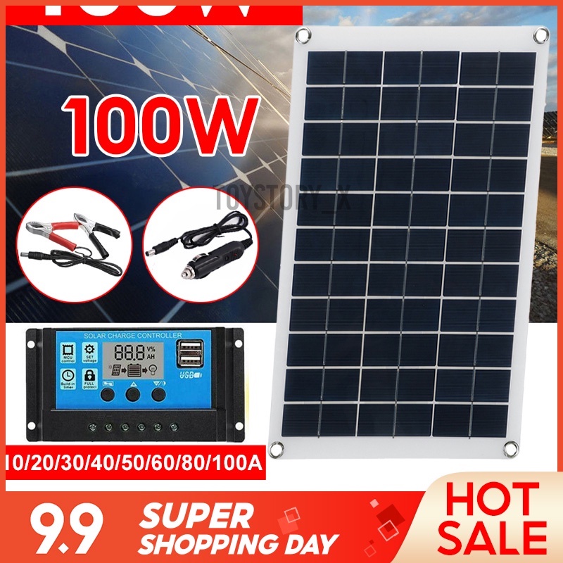 Tấm Năng Lượng Mặt Trời 100W Sạc Pin 12V 10-80A LCD Đa Năng Có Bộ Điều Khiển Tiện Dụng Cho Các Thiết Bị Ngoài Trời