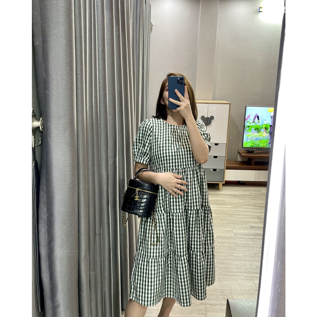 váy bầu suông đẹp form rộng rãi, chất liệu đũi thêu cao cấp, phối họa tiết caro xanh rêu lạ mắt ,trẻ trung, năng động