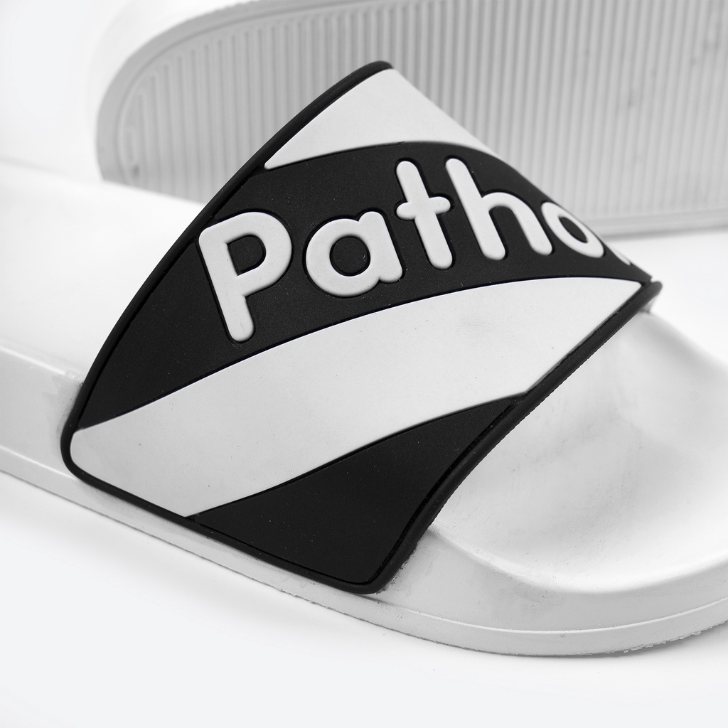 Dép nam nữ quai ngang slipper Pathon quai PVC và đế PU trắng quai sọc chéo đen trắng in chữ Pathon SD52