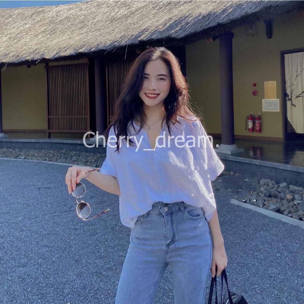 Áo sơ mi nữ form rộng kẻ ngắn tay có cài cúc trước và sau dáng ulzzang vintage hàn quốc