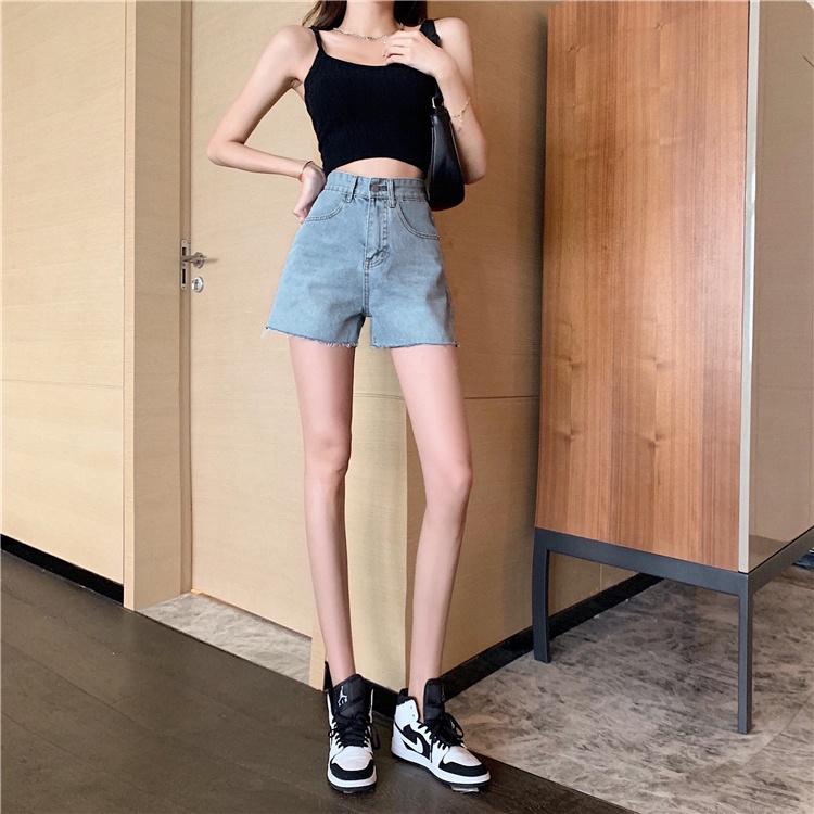 Quần Short Denim Lưng Cao Ống Rộng Theo Phong Cách Retro Hàn Quốc