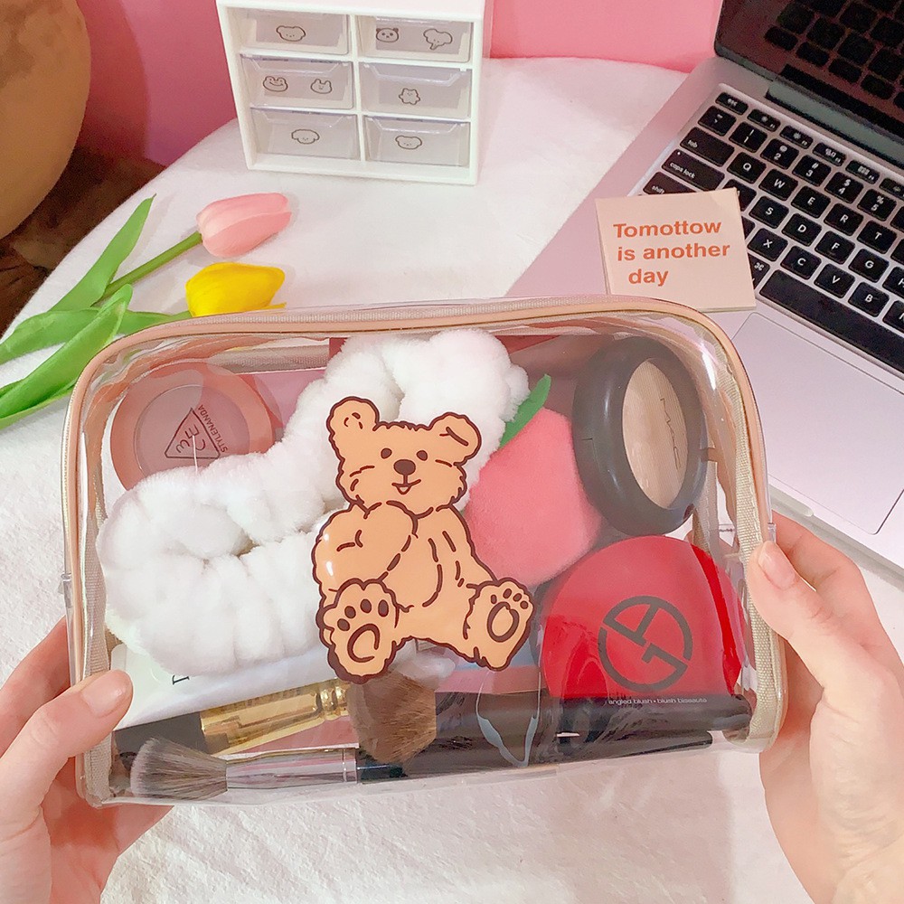 Hộp Bút, Túi Đựng Makeup Nhựa Trong Size Lớn XL Hình Gấu Nâu