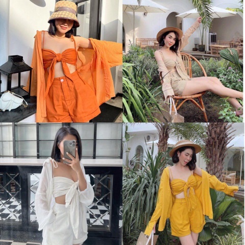 Set 3 món mặc đi biển chất đũi lụa loại 1 - Bộ đồ áo quây buộc nơ dáng ngắn kèm sooc trơn basic và áo khoác mỏng vintage