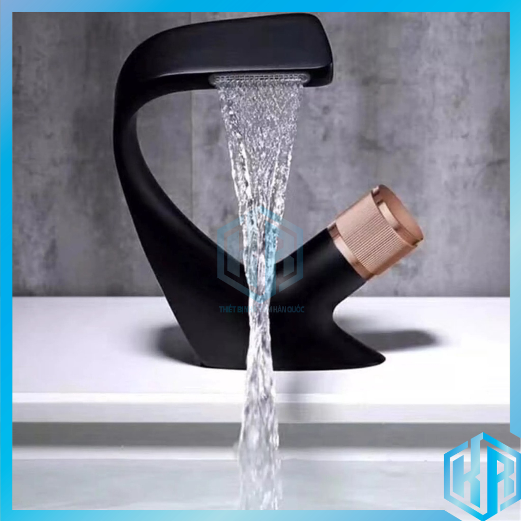 Vòi lavabo nóng lạnh bằng đồng MÀU ĐEN dáng vòng cung độc đáo, sang trọng, hiện đại
