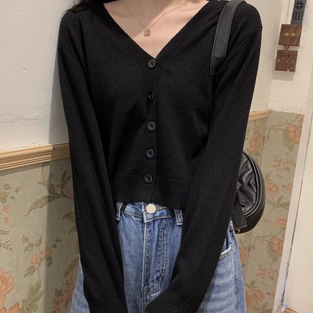 【ZHELIHANGFEI】Áo Cardigan Dệt Kim Tay Dài Cổ Chữ V Lưng Cao Dễ Phối Đồ